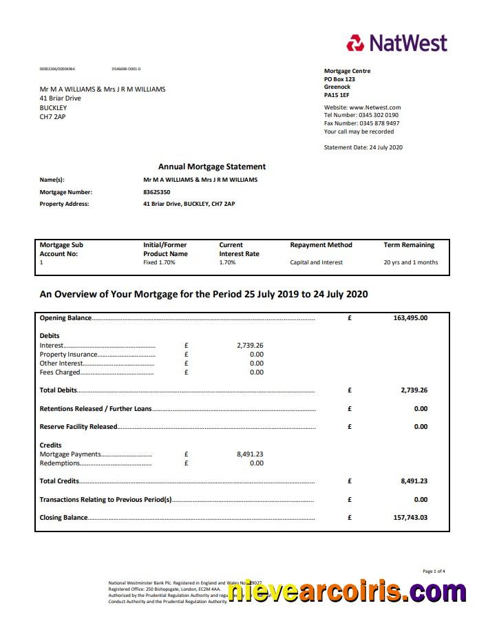 United Kingdom NatWest bank proof of address statement in Word and PDF format (.doc and .pdf)